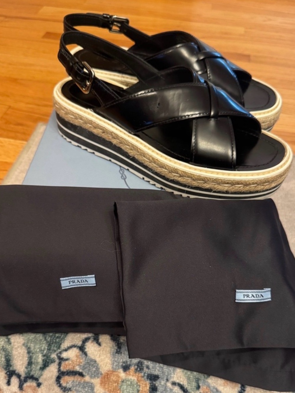 Prada Black Leather Espadrille Platform Sandals 39